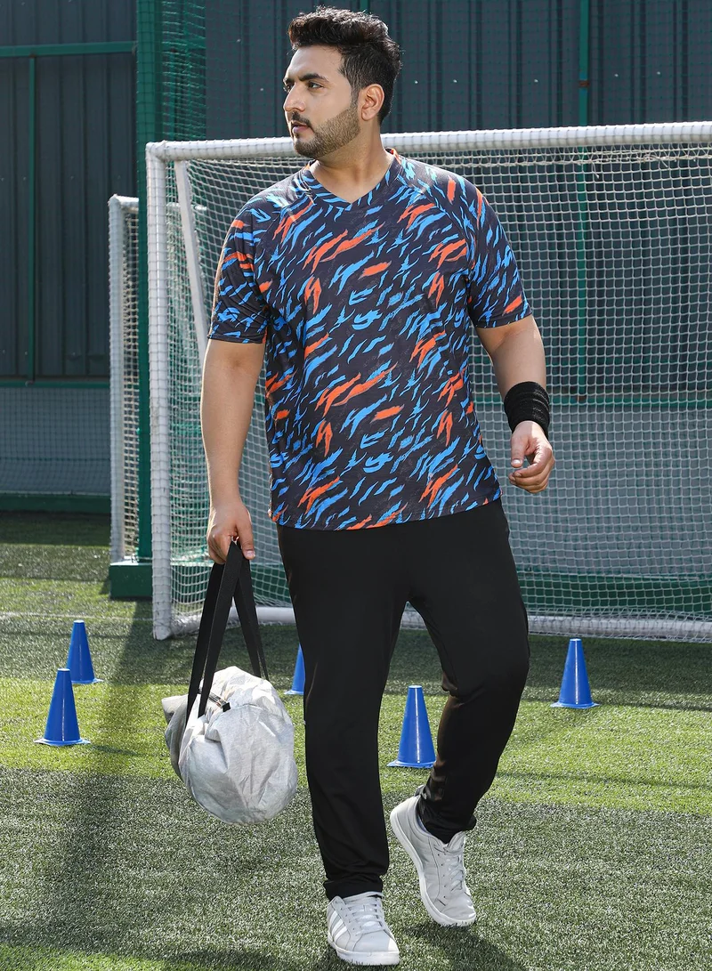 Instafab Plus Instafab Plus Men's Sky Blue & Charcoal Black Block-Swirl Activewear T-Shirt For Casual Wear | V-Neck | Short Sleeves | Plus Size Jersey T-Shirt Crafted With Comfort Fit For Everyday Wear