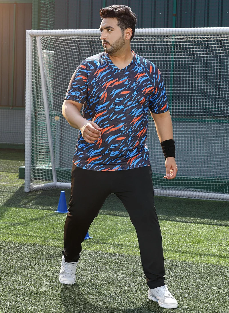 Instafab Plus Instafab Plus Men's Sky Blue & Charcoal Black Block-Swirl Activewear T-Shirt For Casual Wear | V-Neck | Short Sleeves | Plus Size Jersey T-Shirt Crafted With Comfort Fit For Everyday Wear