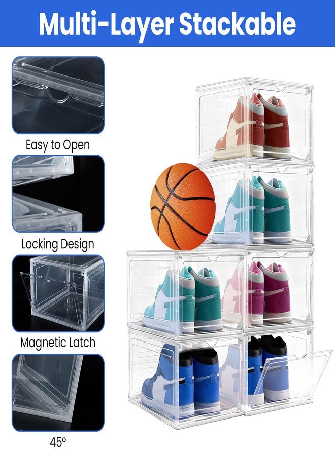 Bgtecho 6Pack Shoe Storage Boxes, Shoe Boxes Clear Plastic Stackable, Shoes Storage Organizer with Magnetic Door, Thicken & Sturdy Shoes Organizer for Closet Sneaker Boot Container, 13.4x10.5x7.3 inch - Image 5