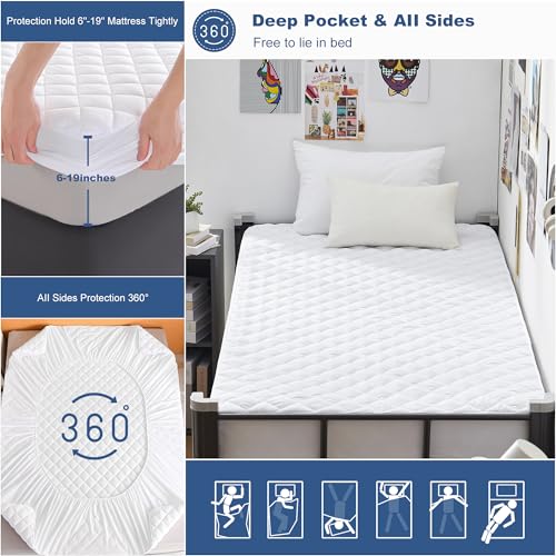 GRT وسادة مرتبة GRT توين XL مقاومة للماء، 100% واقي مرتبة مبطن مقاوم للماء، غطاء مرتبة قطن فارغ بلا ضوضاء، مناسب لعمق 8"-19"، مضاد للغبار - Image 5