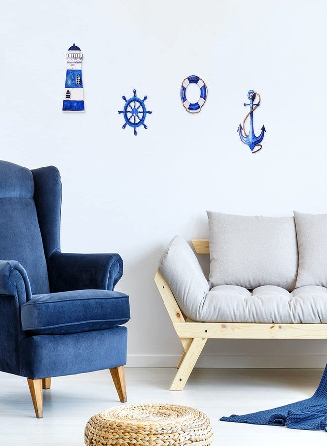 Yookeer 4 Pcs Beach Coastal Wall Decor Ocean nautical Bathroom Decor Wood Lighthouse Ship Wheel Anchor Wall Art Signs for Beach Party Room Bathroom - Image 4