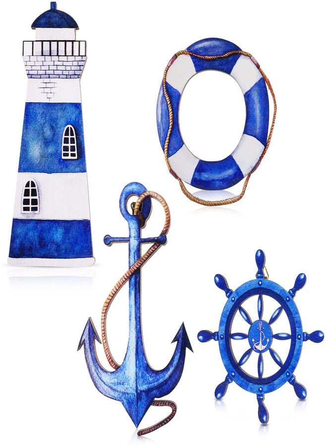 Yookeer 4 Pcs Beach Coastal Wall Decor Ocean nautical Bathroom Decor Wood Lighthouse Ship Wheel Anchor Wall Art Signs for Beach Party Room Bathroom - Image 1