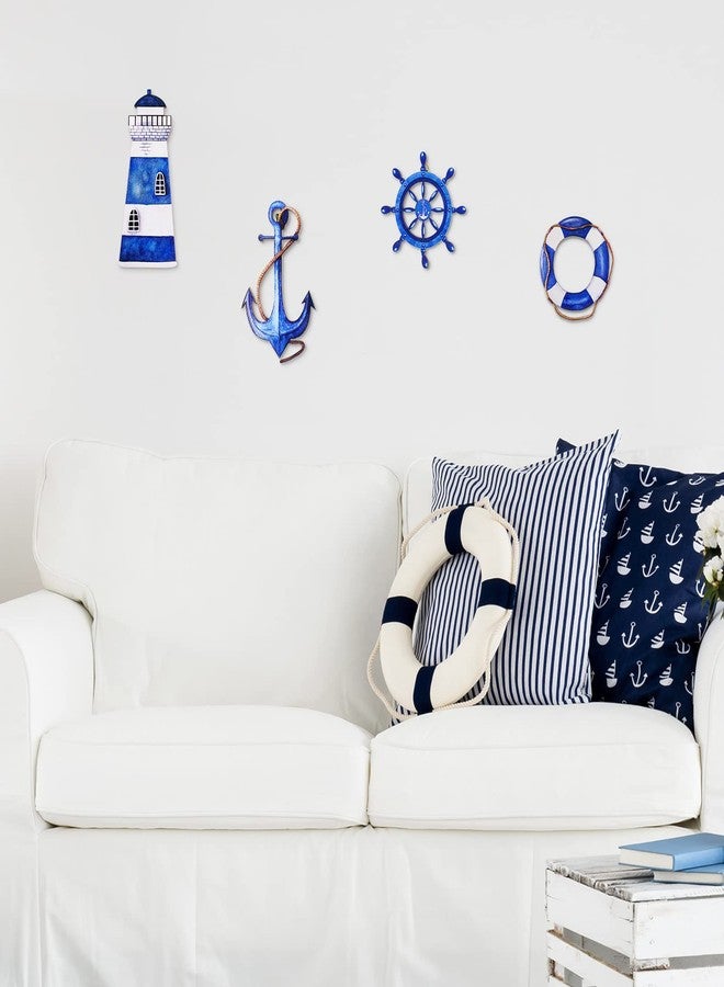 Yookeer 4 Pcs Beach Coastal Wall Decor Ocean nautical Bathroom Decor Wood Lighthouse Ship Wheel Anchor Wall Art Signs for Beach Party Room Bathroom - Image 2