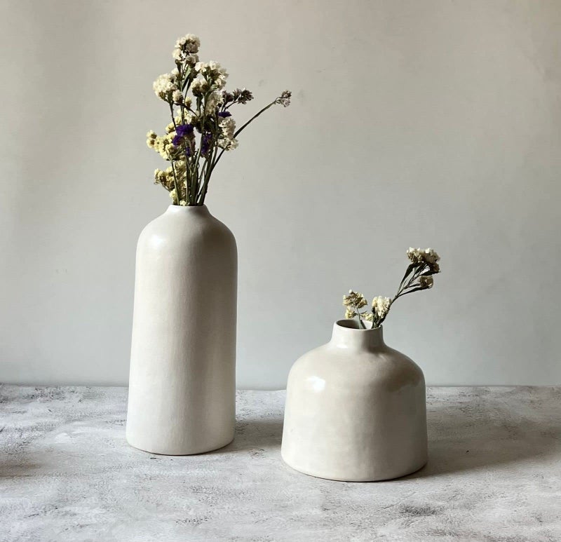 Craftribal Decorative White Ceramic Flower Vase Set | vase for Home Decor | Vase for Living Room | Home Decor Centrepiece, Matte Finish, 9.5 & 6 inches, White, (Pack of 2) - Image 1