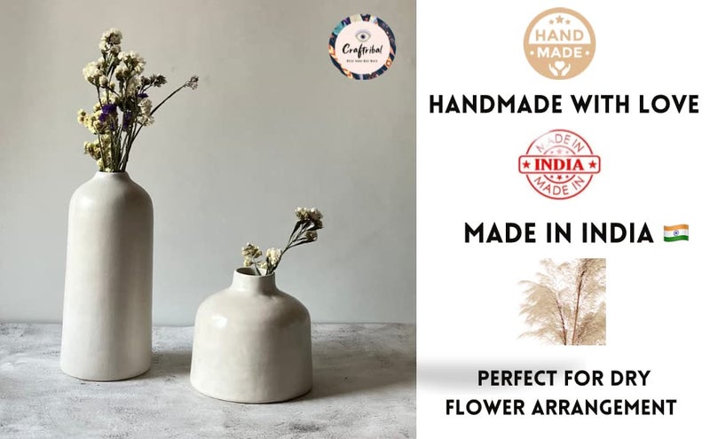 Craftribal Decorative White Ceramic Flower Vase Set | vase for Home Decor | Vase for Living Room | Home Decor Centrepiece, Matte Finish, 9.5 & 6 inches, White, (Pack of 2) - Image 5