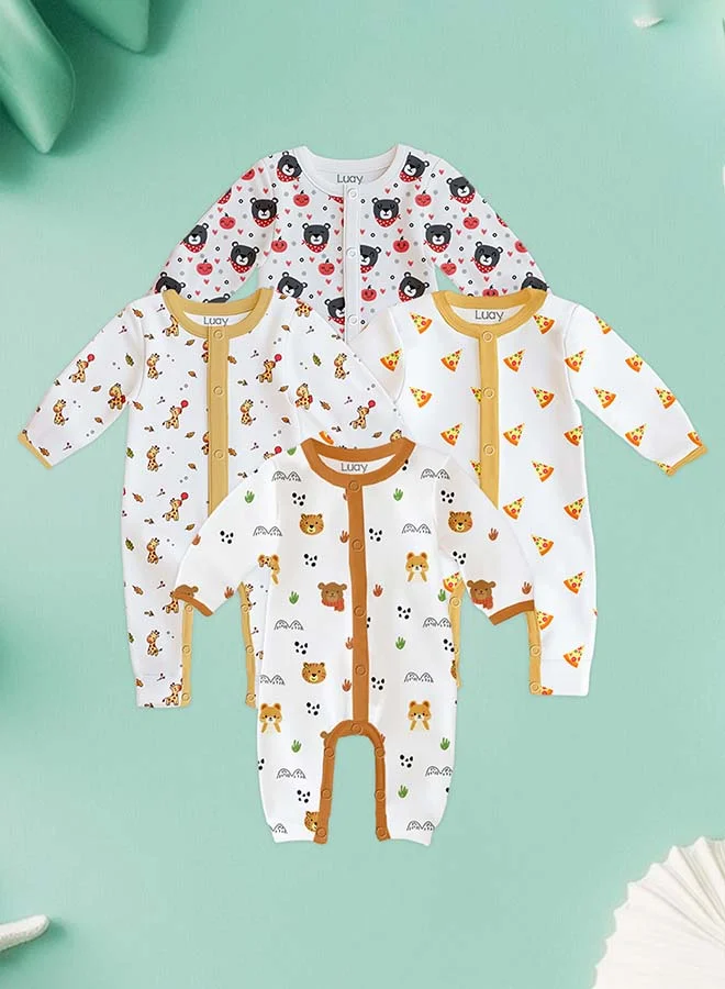 لؤي 100% Cotton Full Sleeves Baby Printed Romper,Sleepsuit for Baby Girls & Boys_(Pack of 4)
