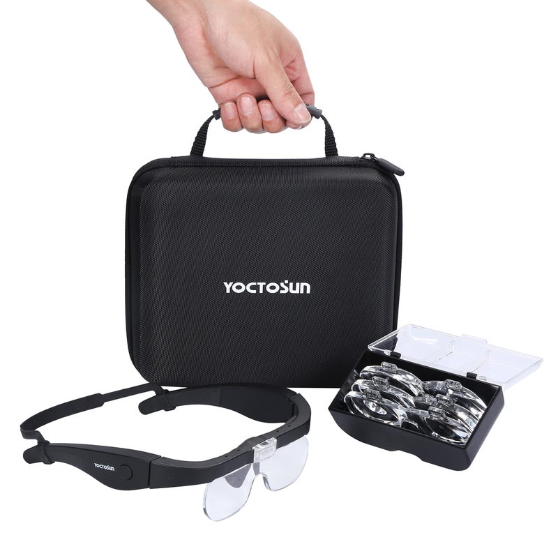 YOCTOSUN Magnifying Glasses with 2 LED Lights4 Detachable Lenses Storage Case Head Strap Hands Free Headband Magnifier for Close Work Jewelry HobbyCrafts
