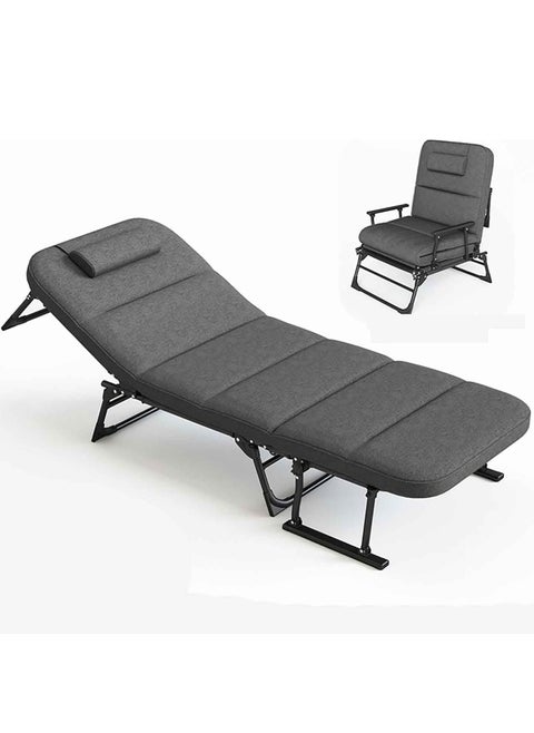 Portable Folding Camping Bed for Adults w/Mattress Adjustable 6-Position Cots for Sleeping Heavy Duty Single Guest Bed Outdoor Patio Chaise Lounge Chair, Dark Gray