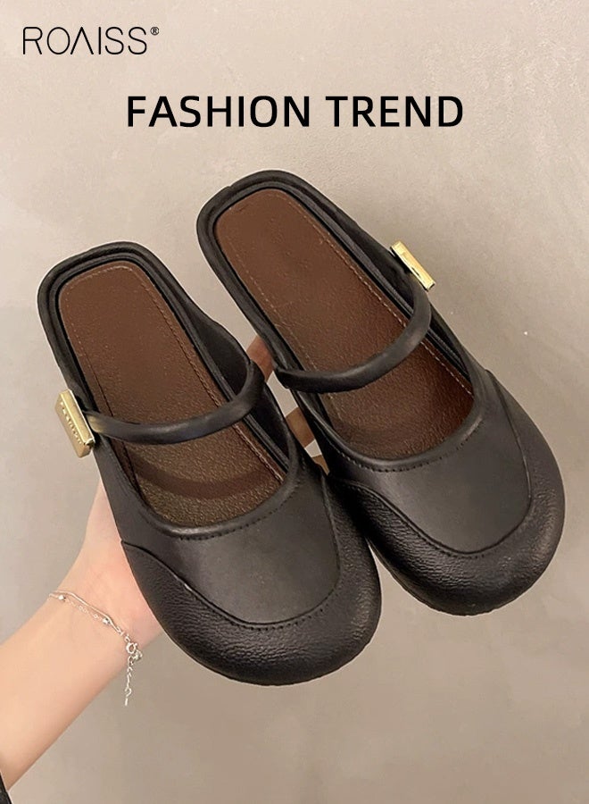 roaiss Women's Slip On Round Head Shallow Mouth Soft Bottom Soft Surface Casual Shoes Comfortable Breathable and Non-Slip Mules for Daily Commuting Black - Image 2