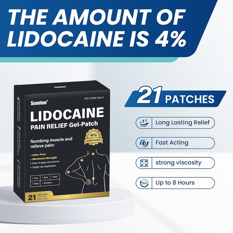 Sumifun لصقات سومي فون 4 ليدوكائين بقوة قصوى لتخفيف الألم لصقة تخفيف الألم للظهر والكتف والمفاصل وآلام الركبة وآلام العضلات 8 ساعات من تخفيف الألم 21 قطعة عبوة واحدة - Image 2