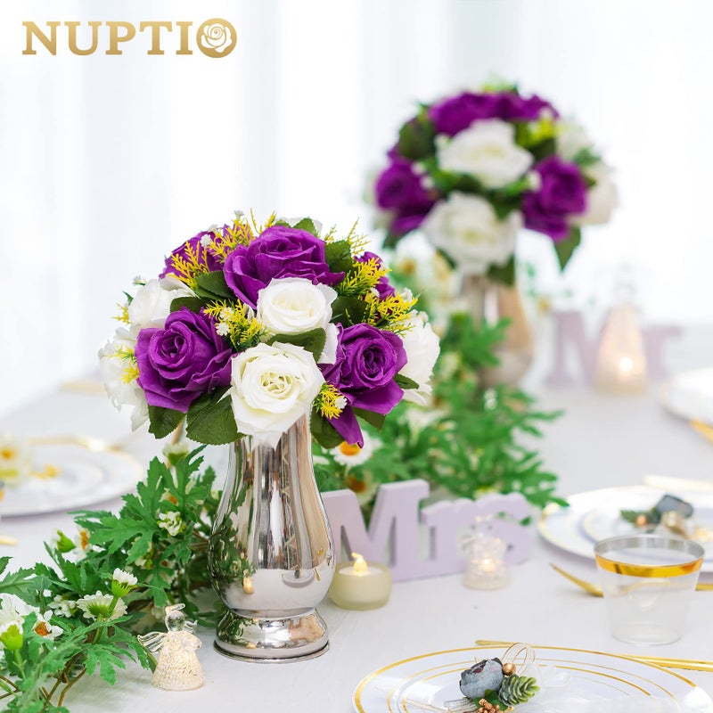 NUPTIO أجهزة كمبيوتر من 10 باقة ترتيب كرة زهرة وهمية 15 وردة البلاستيك مع قاعدة مناسبة لرفع زفاف زفاف متجرنا لحفلات عيد الحب D؟ Cor (Purple & White) - Image 4