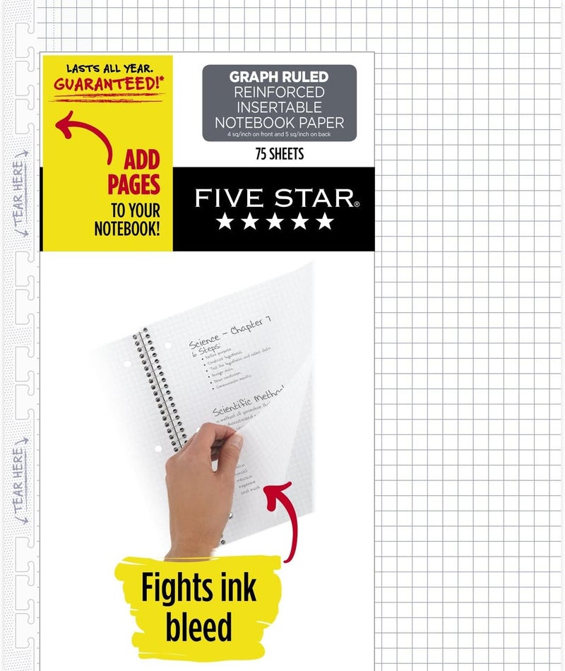 Five Star ورق مفكوك، دفتر ملاحظات قابل للإدخال مع خطوط بيانية وورق تعبئة، 8-1/2" × 11"، علامات T معززة، 75 ورقة (170180) - Image 1