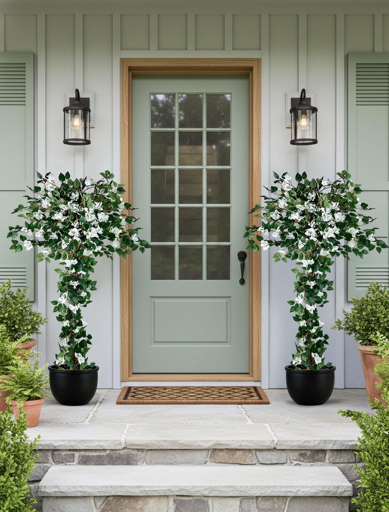 BLOSMON White Hydrangea Artificial Trees: 5ft Real Touch Faux Hydrangeas Flower Tree with Pot for Front Porch Planters Decoration Outdoor - Fake Silk Floral Plant for Home Patio Entrance Decor Indoor - Image 2