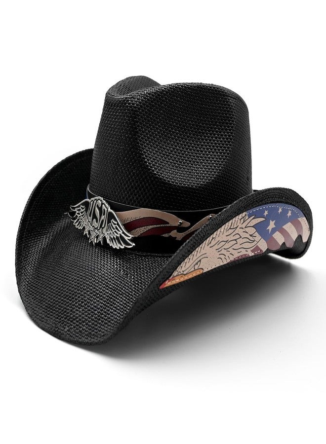 Foeran Men's Women's Straw Cowboy Hat Cowgirl Woven Sun Hat Western Cowboy Hat Two Decorative Bands (Black-USA) - Image 1