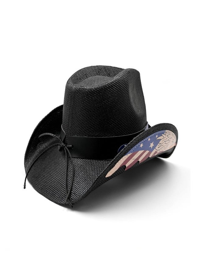 Foeran Men's Women's Straw Cowboy Hat Cowgirl Woven Sun Hat Western Cowboy Hat Two Decorative Bands (Black-USA) - Image 3