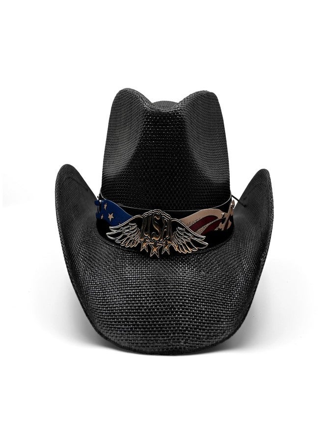Foeran Men's Women's Straw Cowboy Hat Cowgirl Woven Sun Hat Western Cowboy Hat Two Decorative Bands (Black-USA) - Image 2