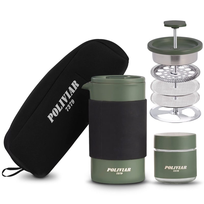 POLIVIAR 7379 POLIVIAR French Press Coffee Maker 12 oz Portable French Press with Mini Canister and Collection Bag Double Wall Insulation  Dual Filter Screen Food Grade Stainless Steel for Coffee