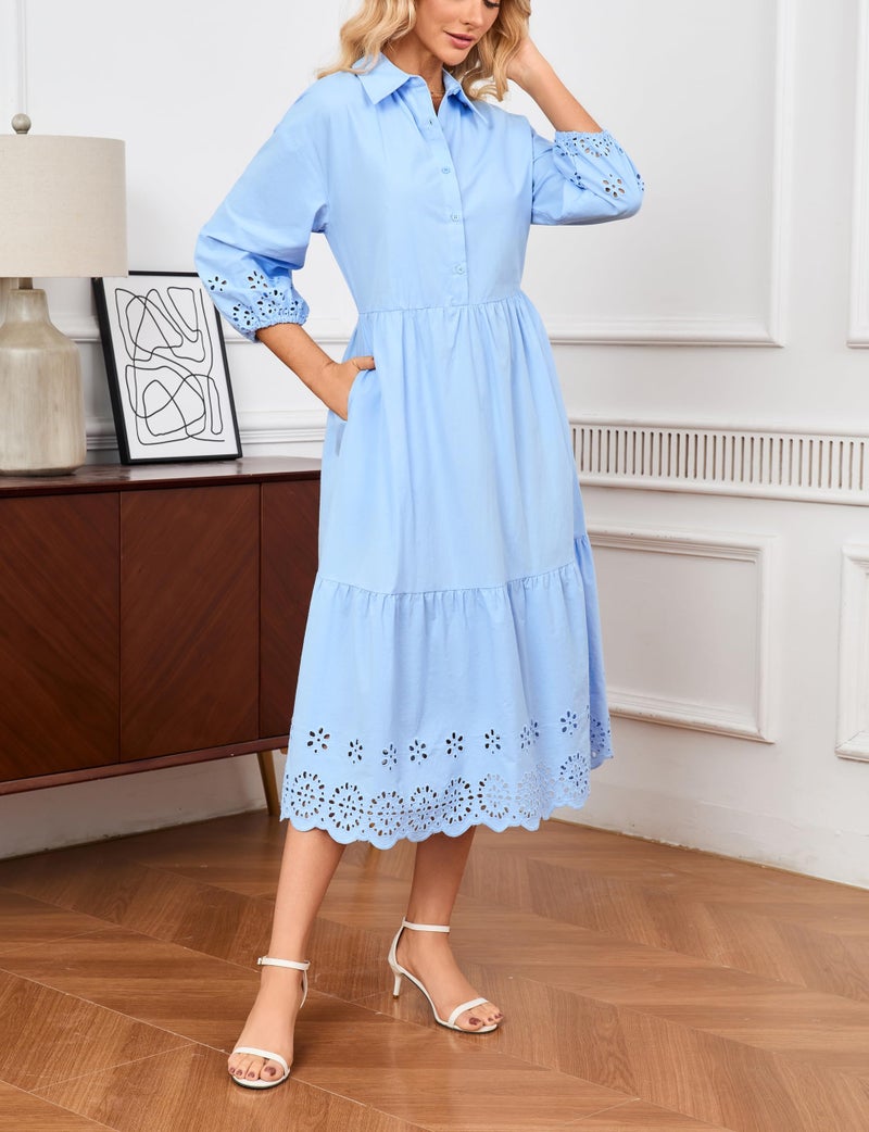 Ladyful Elegant Cotton Shirt Dress for Women Button Down 3/4 Sleeve Hollowed Out Eyelet Flowy Midi Maxi Dress Light Blue - Image 2