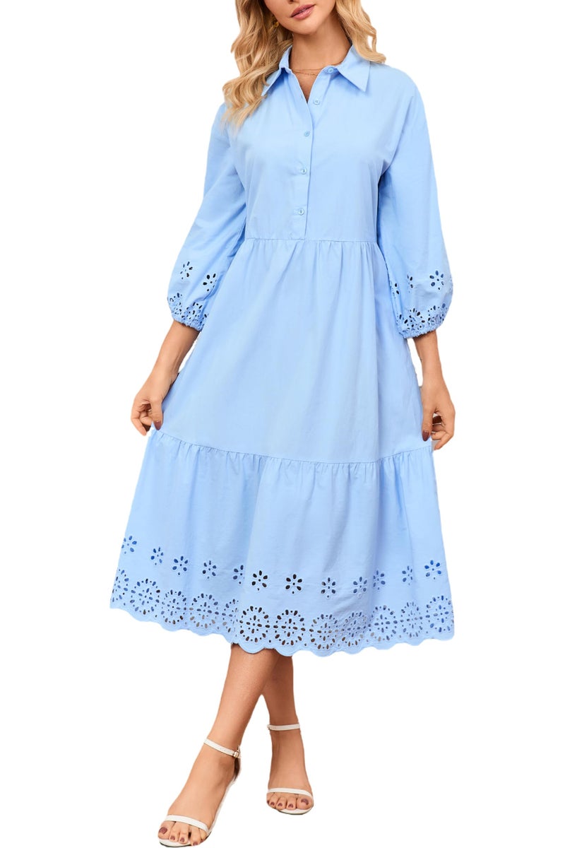 Ladyful Elegant Cotton Shirt Dress for Women Button Down 3/4 Sleeve Hollowed Out Eyelet Flowy Midi Maxi Dress Light Blue - Image 1