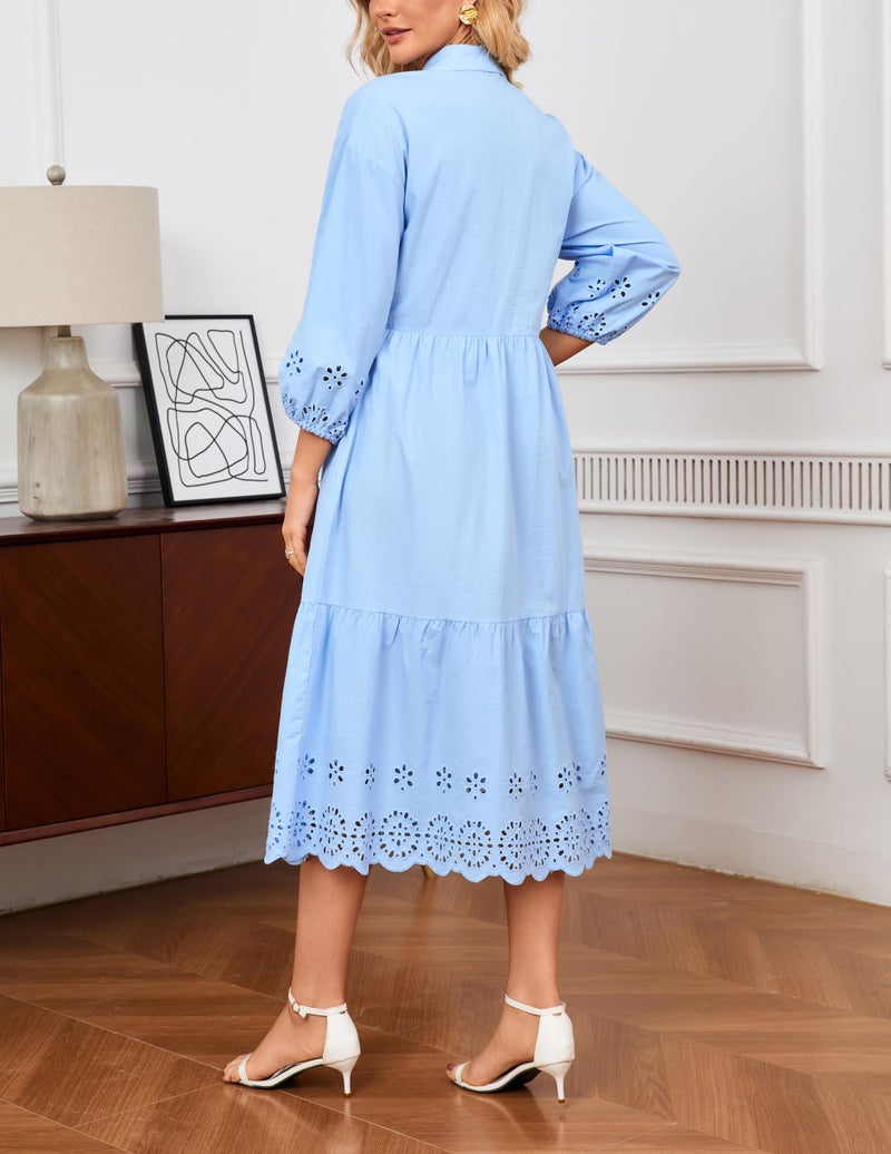 Ladyful Elegant Cotton Shirt Dress for Women Button Down 3/4 Sleeve Hollowed Out Eyelet Flowy Midi Maxi Dress Light Blue - Image 5