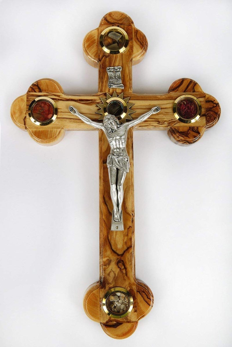 Jerusalem Olive Wood 11 Cross 14 Stations Crucifix from Bethehem with Holy Land Essences