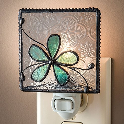 J Devlin Glass Art Flower Stained Glass Night Light, Turquoise Blue, Plug in nightlight for Bedroom/Bathroom/Stairway/Hallway Home Decor NTL 129-3 - Image 1