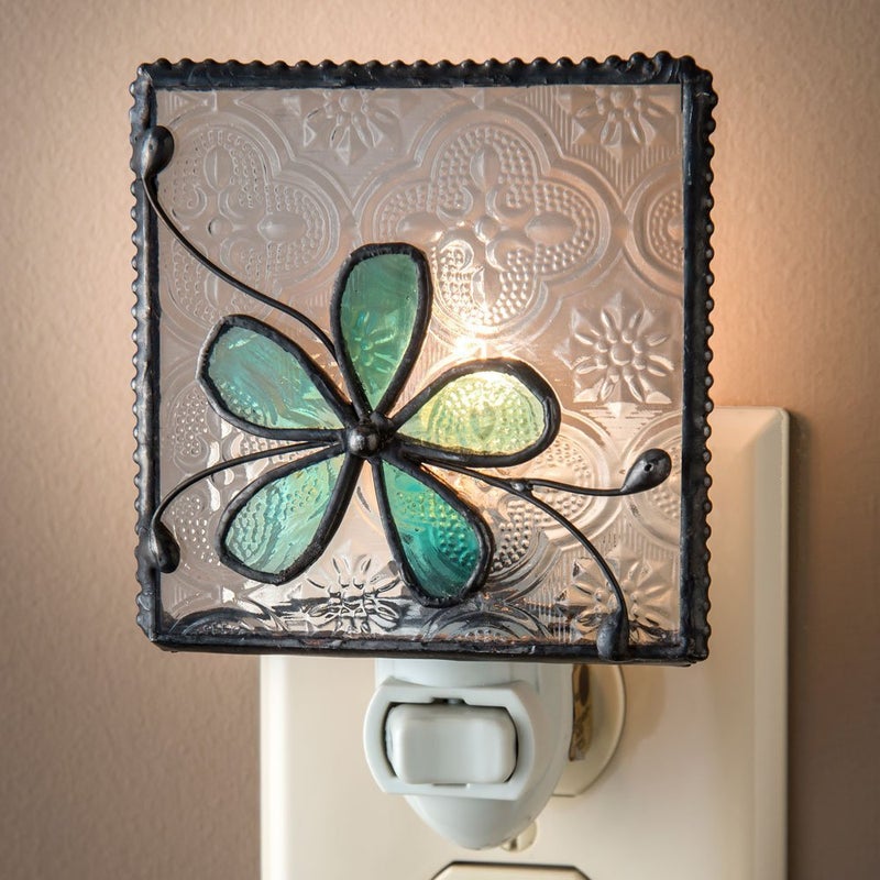 J Devlin Glass Art Flower Stained Glass Night Light, Turquoise Blue, Plug in nightlight for Bedroom/Bathroom/Stairway/Hallway Home Decor NTL 129-3 - Image 2