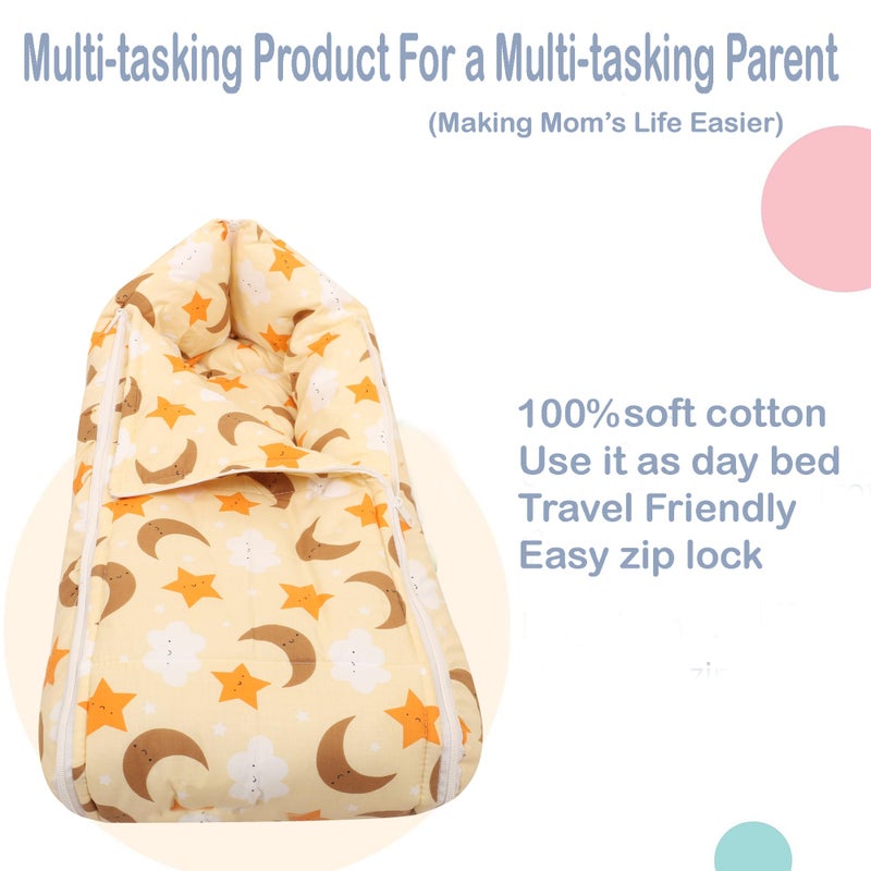 Nonibud Baby Cotton Sleeping Bed Cum Carrying Nest Bag with Storage Bag # Large Size 77 Cms X 40 Cms # 0-9 Months- SkyBlue Star Print (Orange Star) - Image 3