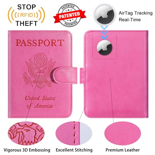PASCACOO Airtag Passport Holder Cover Wallet RFID Blocking Leather Case Travel Essentials Luggage Accessories Travel Must Have(118#Pink) - Image 2