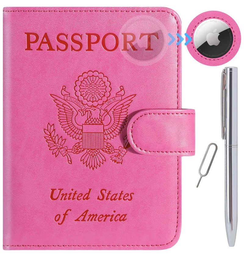 PASCACOO Airtag Passport Holder Cover Wallet RFID Blocking Leather Case Travel Essentials Luggage Accessories Travel Must Have(118#Pink) - Image 1
