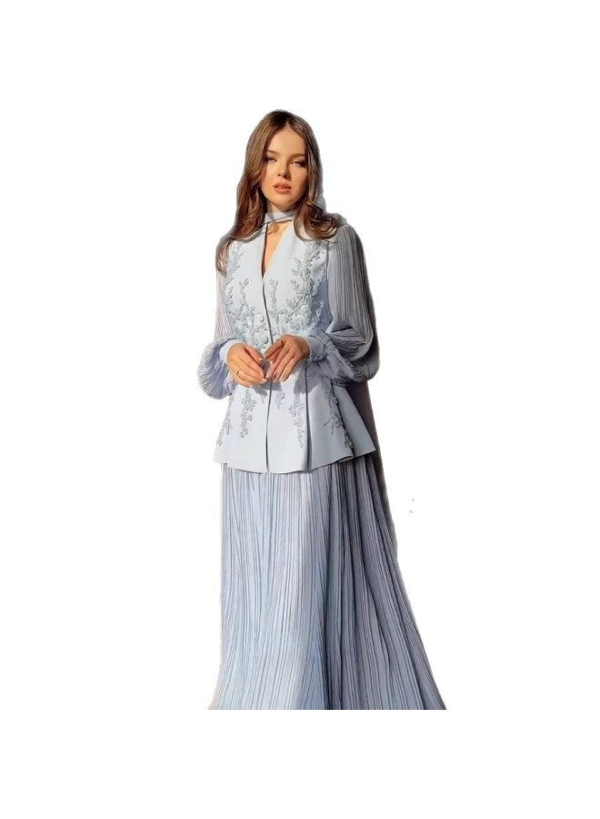 Cross-border Europe And The United States Long Sleeve V-neck Fashion Temperament Foreign Trade Retro Pleated Autumn Cross-border Shirt Skirt Two-piece Set 