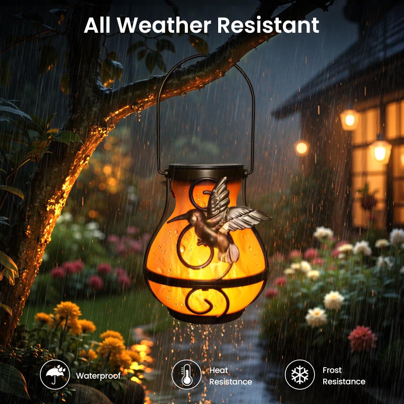 X-PREK 2 Pack Solar Lanterns Outdoor Waterproof Hummingbird Hanging Solar Lantern Flickering Flame Lights Solar Powered Lamps Garden Patio Porch Decoration(Plastics) - Image 3
