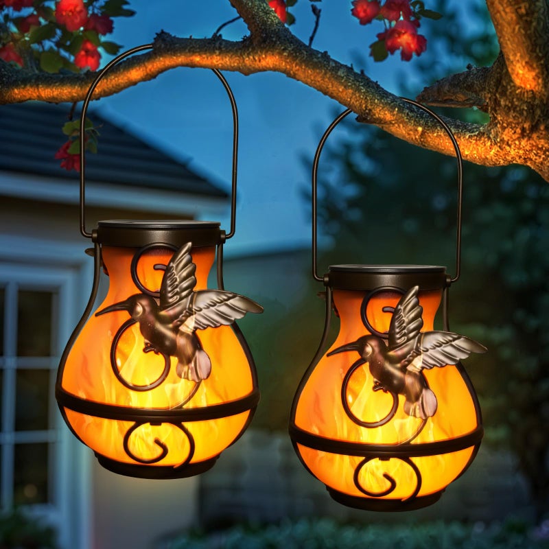 X-PREK 2 Pack Solar Lanterns Outdoor Waterproof Hummingbird Hanging Solar Lantern Flickering Flame Lights Solar Powered Lamps Garden Patio Porch Decoration(Plastics) - Image 1