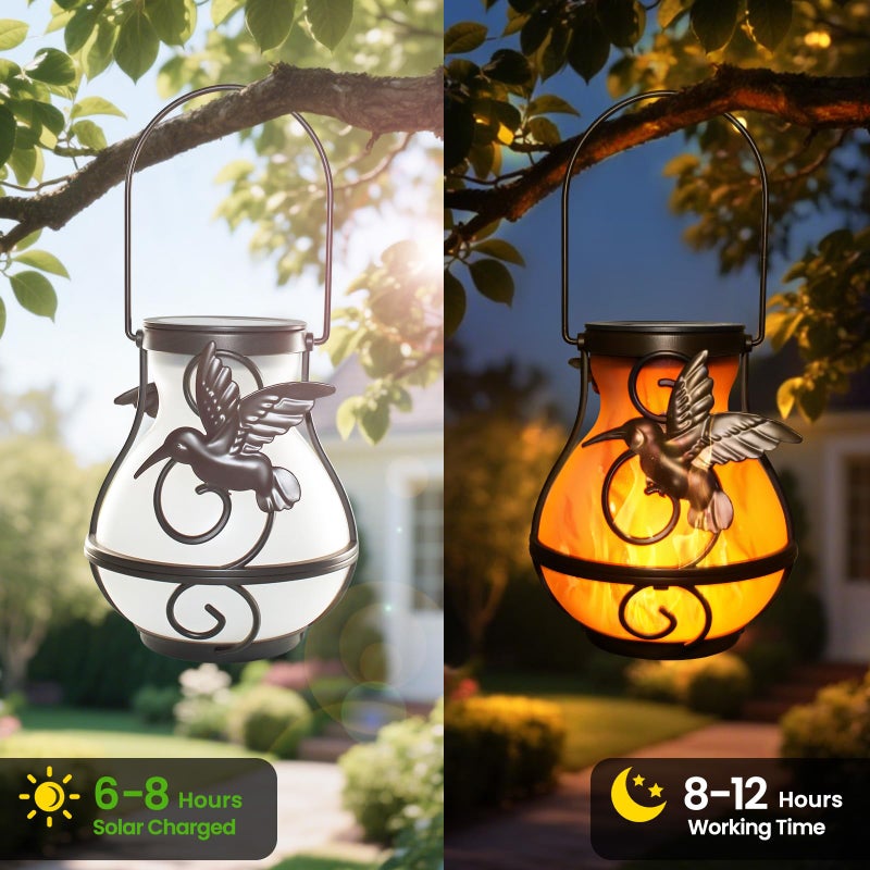 X-PREK 2 Pack Solar Lanterns Outdoor Waterproof Hummingbird Hanging Solar Lantern Flickering Flame Lights Solar Powered Lamps Garden Patio Porch Decoration(Plastics) - Image 4