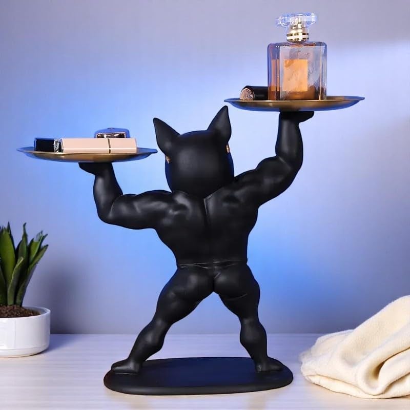 SkyKey Muscle Bulldog Dual Tray Resin Organizer – Black Dog Figurine Organizer for Keys, Wallet, Phone, Candy, Remote – Funky Dog Sculpture with Tray for Home & Office Décor - Image 2