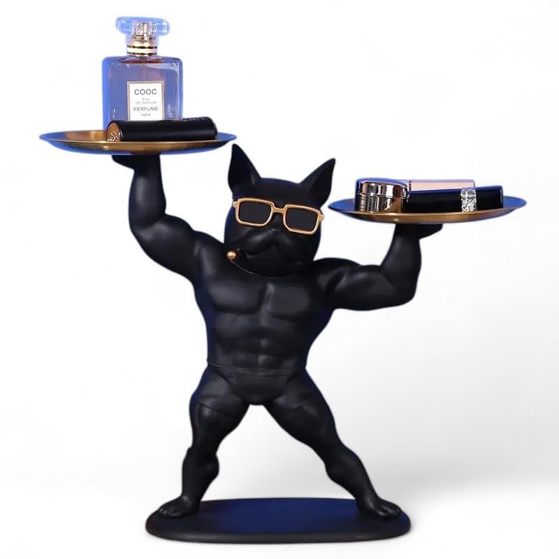 SkyKey Muscle Bulldog Dual Tray Resin Organizer – Black Dog Figurine Organizer for Keys, Wallet, Phone, Candy, Remote – Funky Dog Sculpture with Tray for Home & Office Décor - Image 4