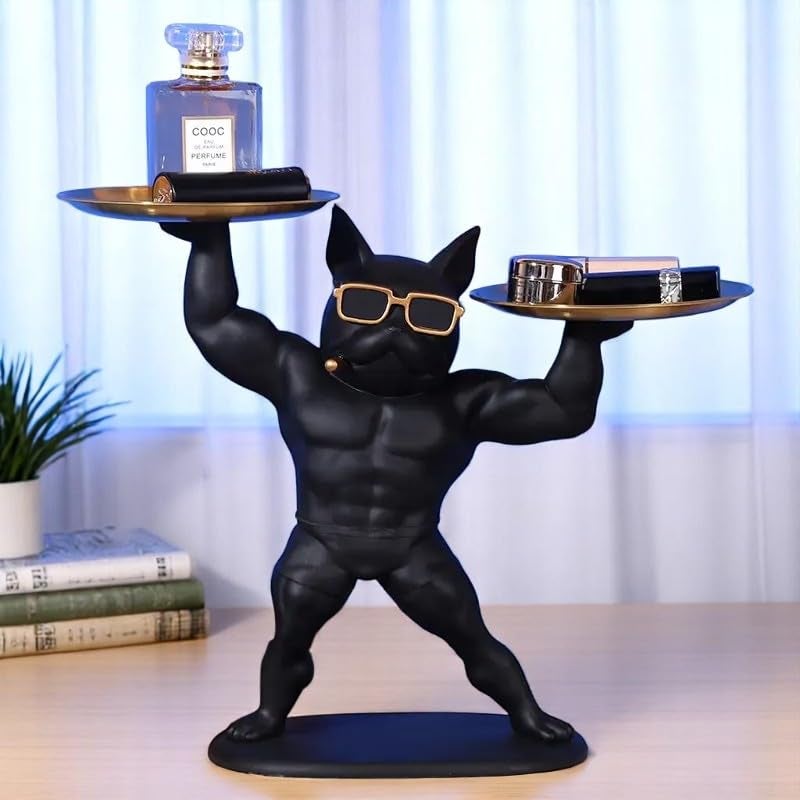 SkyKey Muscle Bulldog Dual Tray Resin Organizer – Black Dog Figurine Organizer for Keys, Wallet, Phone, Candy, Remote – Funky Dog Sculpture with Tray for Home & Office Décor - Image 1
