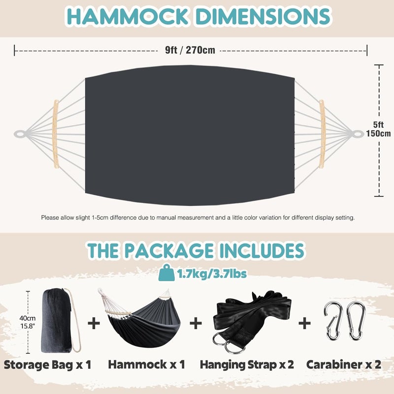 Anyoo Garden Cotton Hammock with 40CM Curved Wooden Bar Portable Comfortable Hammock with Compact Travel Bag,Perfect for Indoor/Outdoor Patio Yard Dary Gray - Image 2