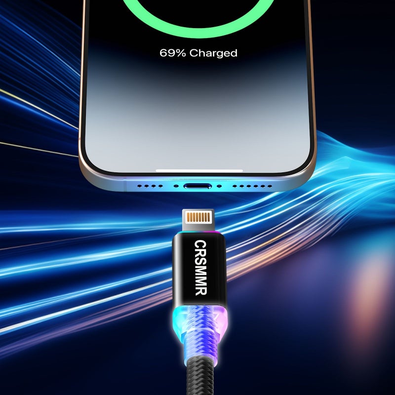 بنفسجي، كابل شحن سريع بطول 300 سم/9.9 قدم لهاتف iPhone، مع ضوء تنفسي، تصميم مضفر من النايلون متين وغير متشابك، من USB A إلى Lightning لمزامنة البيانات، متوافق مع iPhone. - Image 5