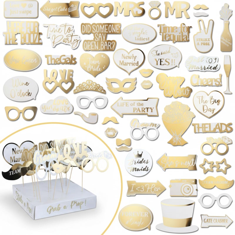 SOUL SHIFT 60PCs Fully Assembled Wedding Photo Booth Props - Prop Stand - Gold Signs - Elegant Wedding & Reception Party Supplies- Funny Wedding Props -Gold Foil Print â€“ Bridal PhotoBooth - Image 1
