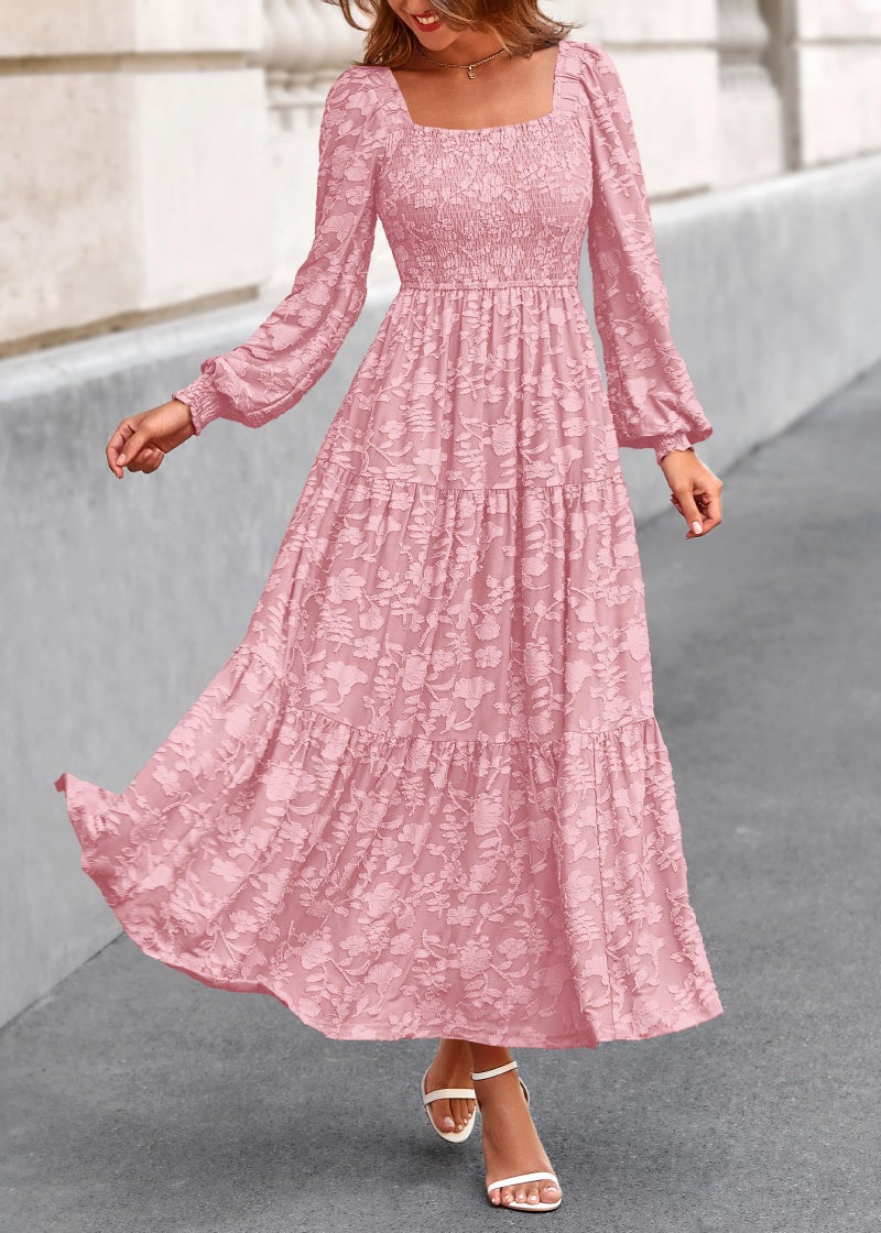 KIRUNDO Wedding Guest Dresses for Women Spring 2026 Long Sleeve Smocked Floral Flowy A Line Boho Maxi Dress Fashion Clothing (Pink, X-Large) - Image 3