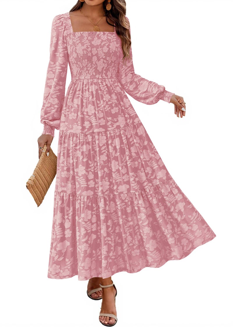 KIRUNDO Wedding Guest Dresses for Women Spring 2026 Long Sleeve Smocked Floral Flowy A Line Boho Maxi Dress Fashion Clothing (Pink, X-Large) - Image 1