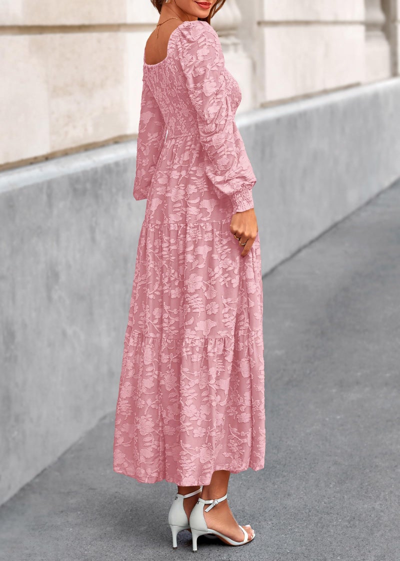 KIRUNDO Wedding Guest Dresses for Women Spring 2026 Long Sleeve Smocked Floral Flowy A Line Boho Maxi Dress Fashion Clothing (Pink, X-Large) - Image 2