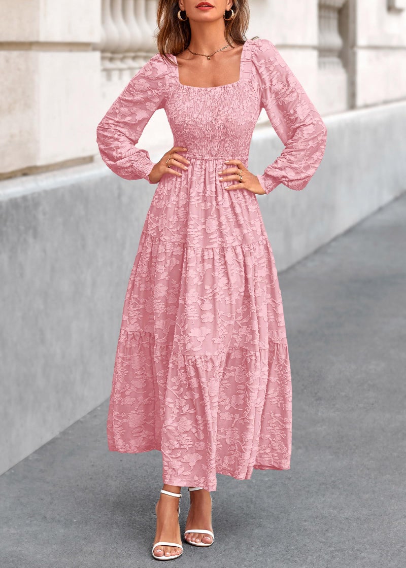 KIRUNDO Wedding Guest Dresses for Women Spring 2026 Long Sleeve Smocked Floral Flowy A Line Boho Maxi Dress Fashion Clothing (Pink, X-Large) - Image 4