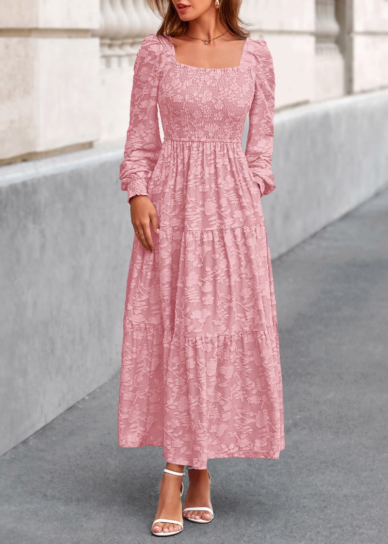 KIRUNDO Wedding Guest Dresses for Women Spring 2026 Long Sleeve Smocked Floral Flowy A Line Boho Maxi Dress Fashion Clothing (Pink, X-Large) - Image 5