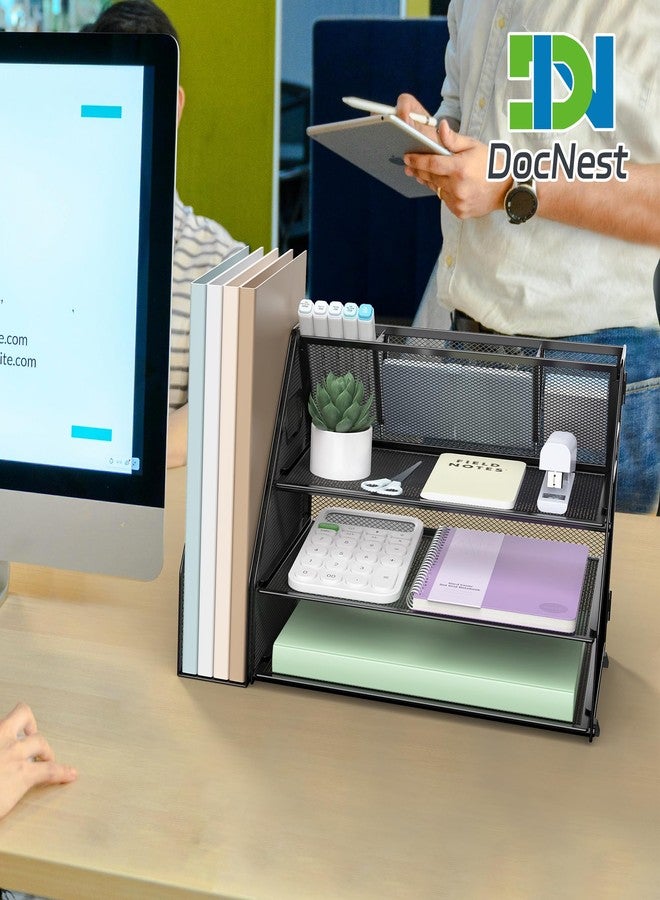 Docnest 3 Tier Metal Mesh Desk Organizer - Letter Tray with Built-in Pen Holder & Handle, Black - Image 4