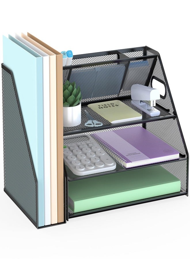 Docnest 3 Tier Metal Mesh Desk Organizer - Letter Tray with Built-in Pen Holder & Handle, Black - Image 1