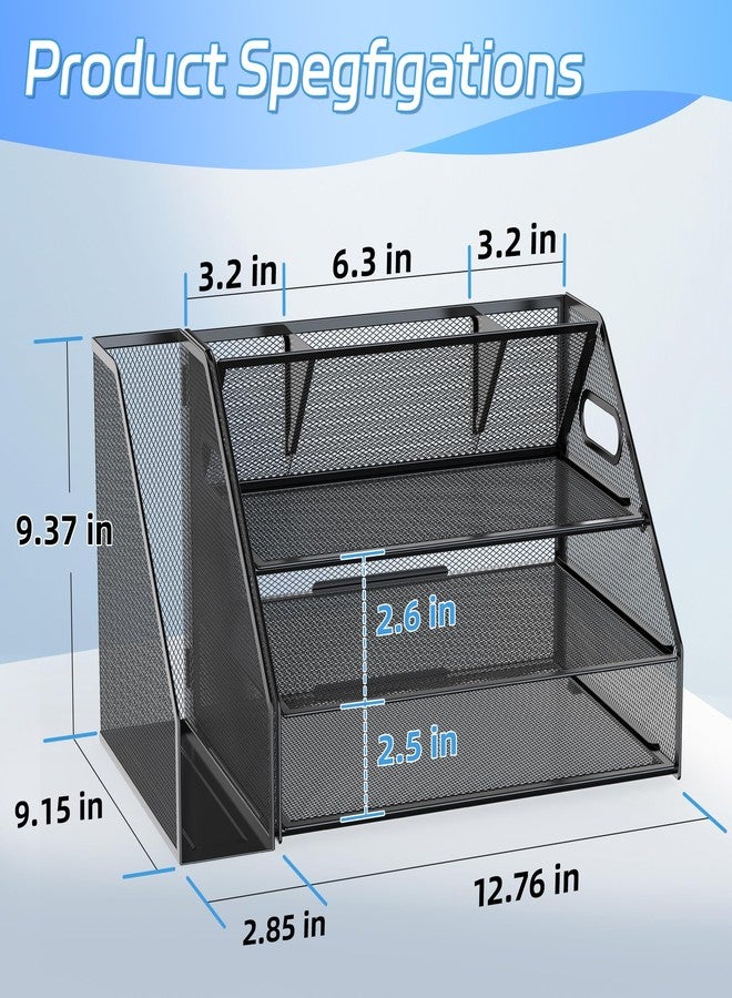 Docnest 3 Tier Metal Mesh Desk Organizer - Letter Tray with Built-in Pen Holder & Handle, Black - Image 2