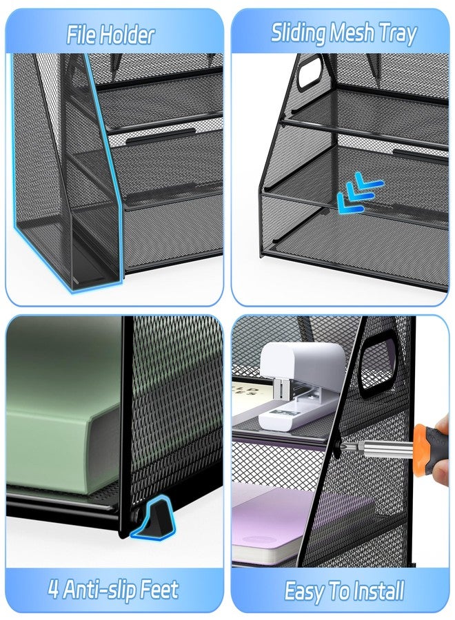 Docnest 3 Tier Metal Mesh Desk Organizer - Letter Tray with Built-in Pen Holder & Handle, Black - Image 5