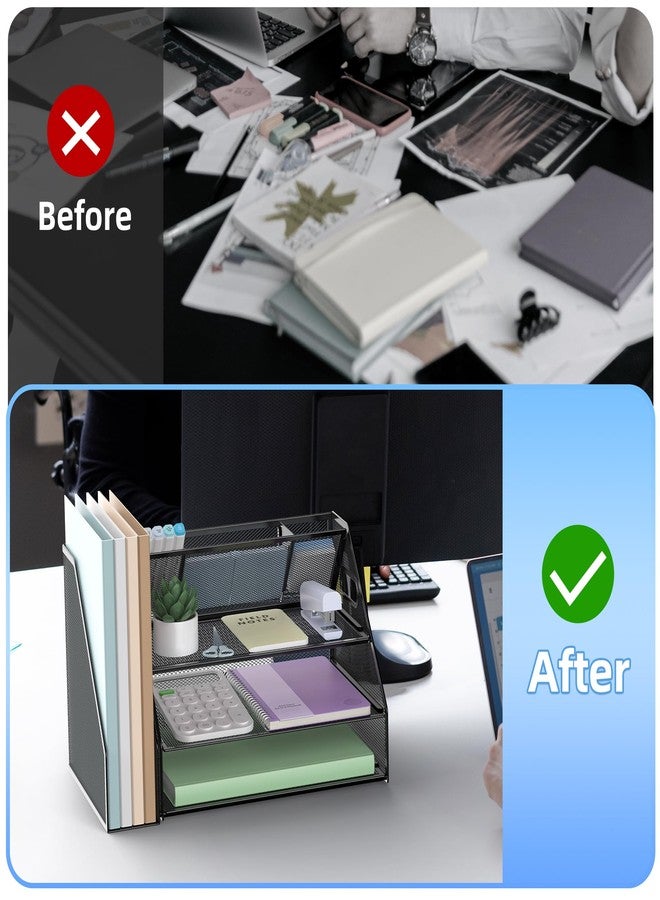 Docnest 3 Tier Metal Mesh Desk Organizer - Letter Tray with Built-in Pen Holder & Handle, Black - Image 3